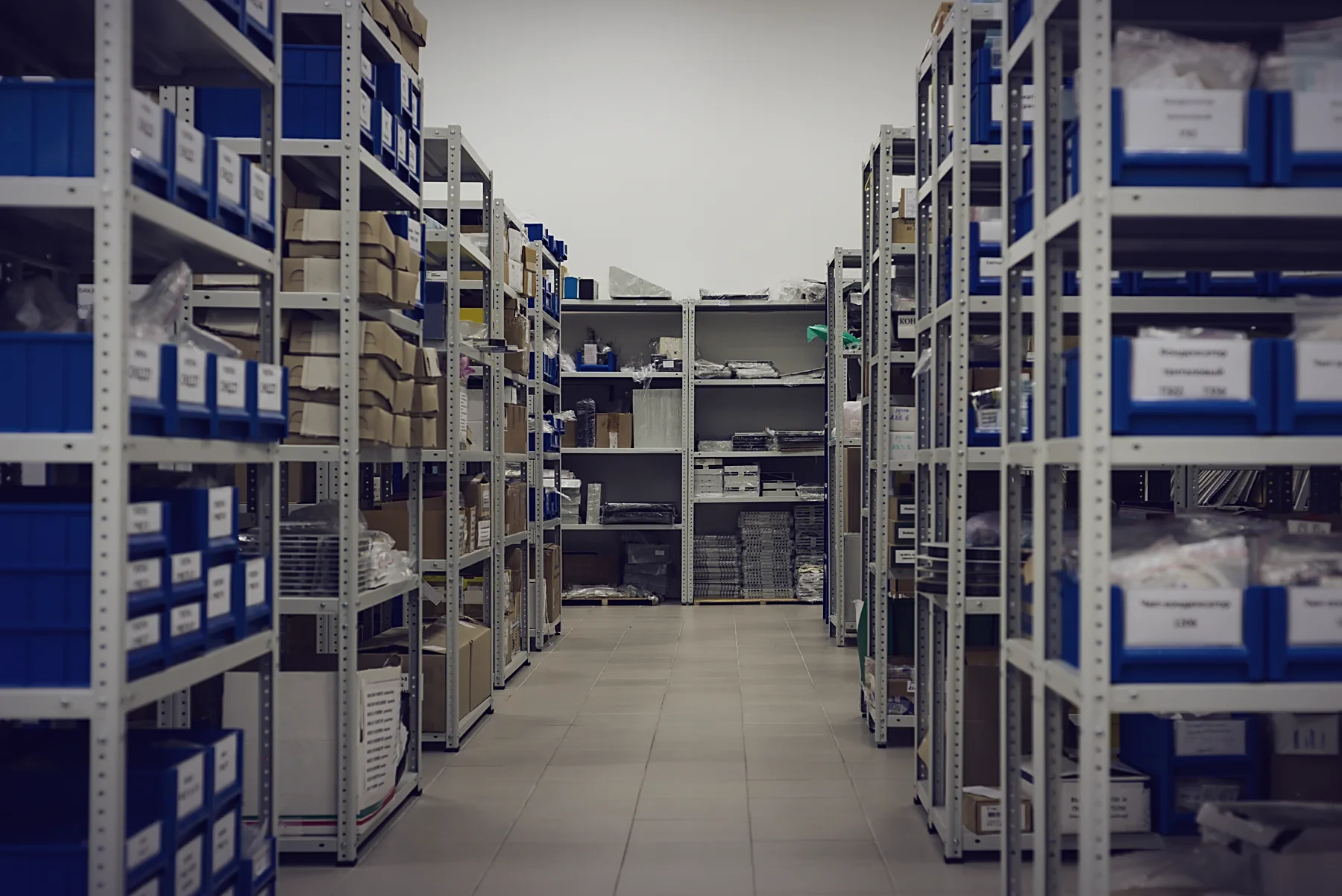 Labelled stock shelving in a clean storage facility